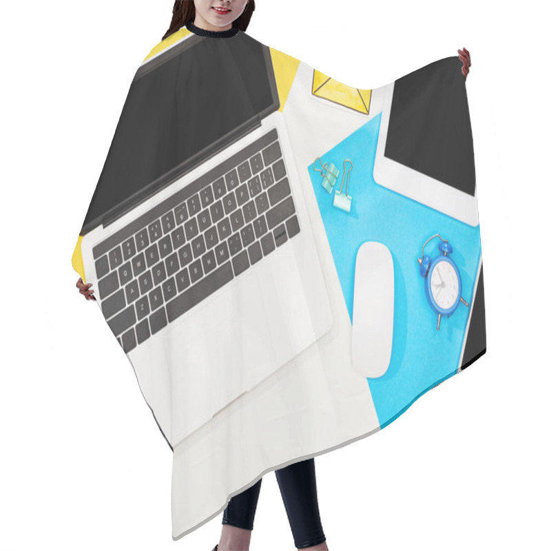 Personality  Top View Of Digital Devices With Office Supplies And Mail Icon On Yellow, Blue And White Background Hair Cutting Cape