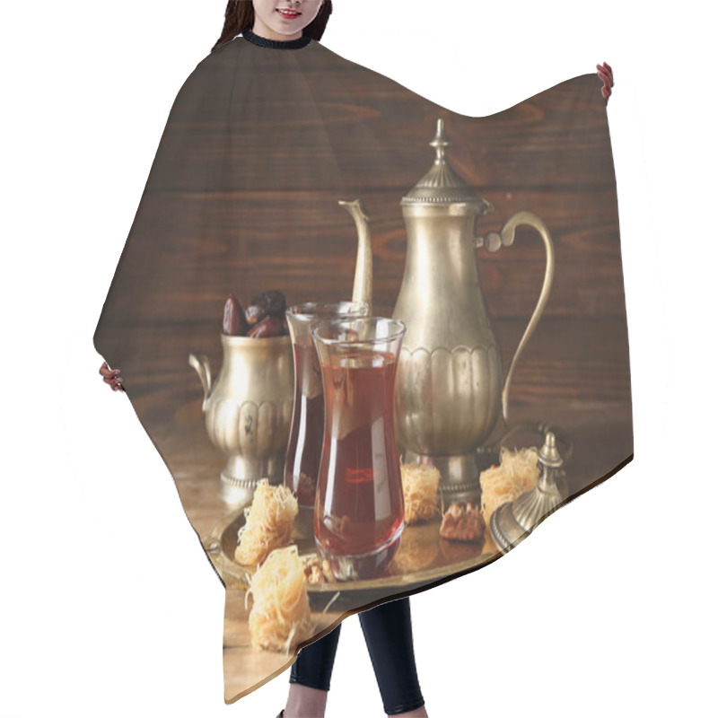 Personality  Composition With Tasty Turkish Tea And Sweets On Wooden Table Hair Cutting Cape