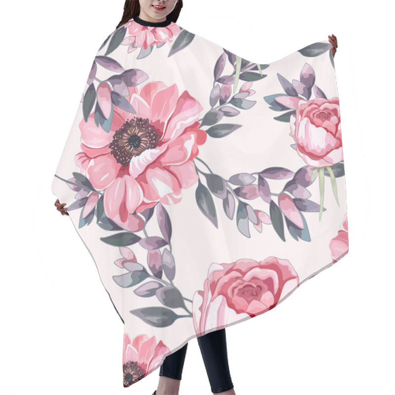 Personality  Seamless Floral Pattern With Pink Roses And Anemones. Hand-Drawn Pink Flowers And Foliage Design. Romantic Rose And Anemone Pattern Hair Cutting Cape