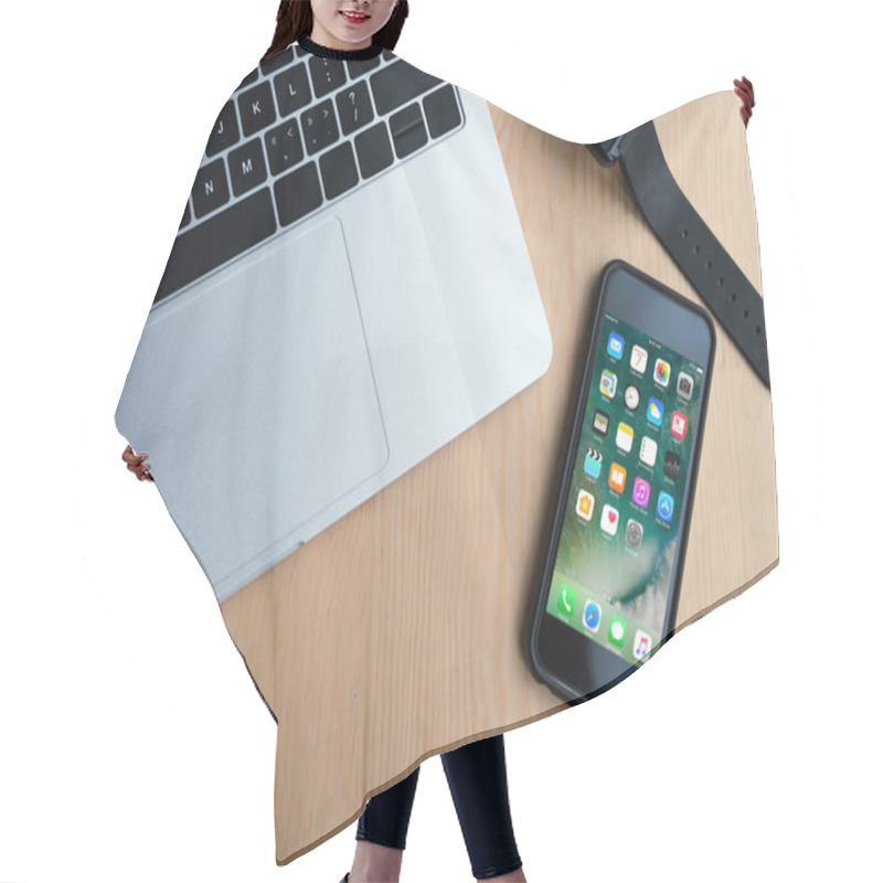 Personality  Top View Of Laptop, Smartwatch And Smartphone With Applications On Wooden Table Hair Cutting Cape