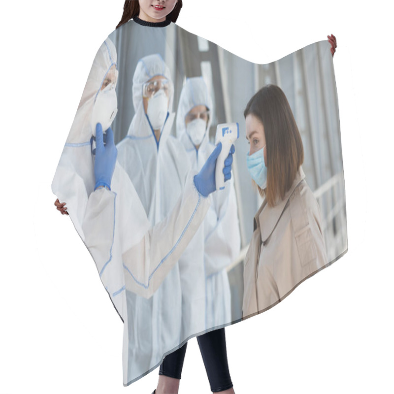 Personality  Medical Workers In Protective Suits Measuring Temperature Hair Cutting Cape