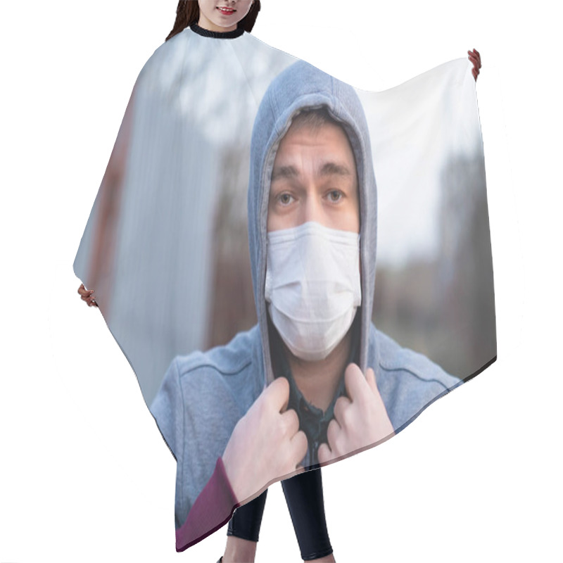 Personality  Adult Man In Jacket Hood In Medical Mask On Street Hair Cutting Cape