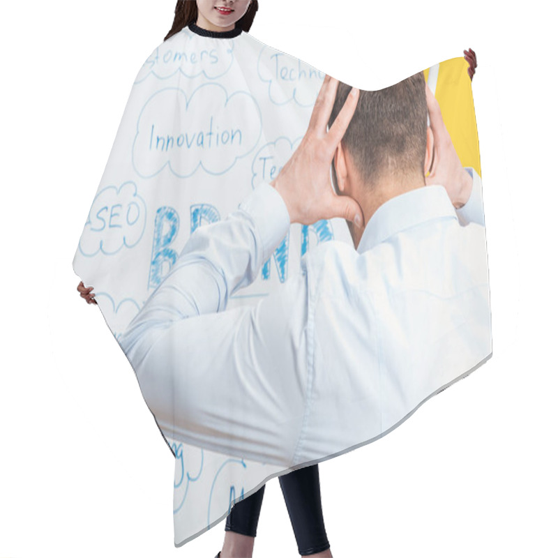 Personality  Back View Of Businessman Standing Near White Office Board With Words, Holding Hands On Head Hair Cutting Cape