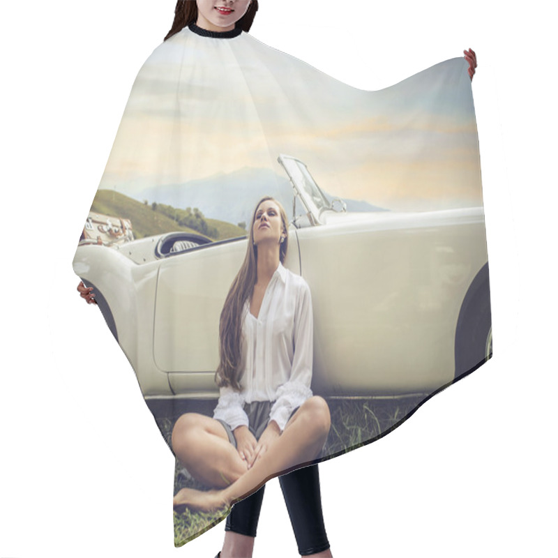 Personality  Beautiful Woman Relaxing By Her Car Hair Cutting Cape