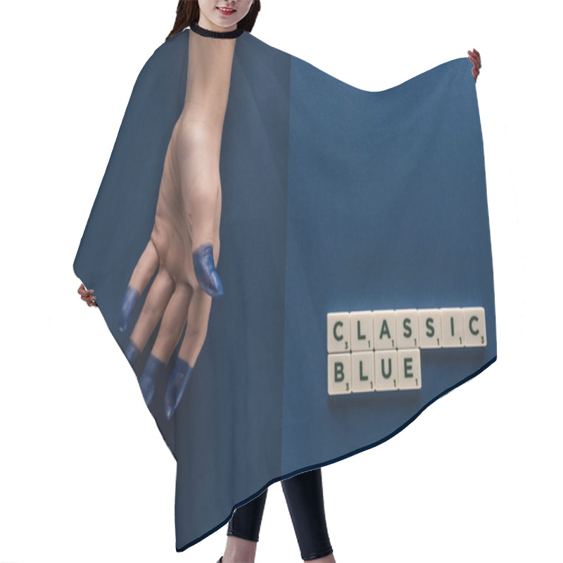 Personality  Cropped View Of Woman With Painted Fingers Near Classic Blue Lettering On Cubes On Blue Background Hair Cutting Cape