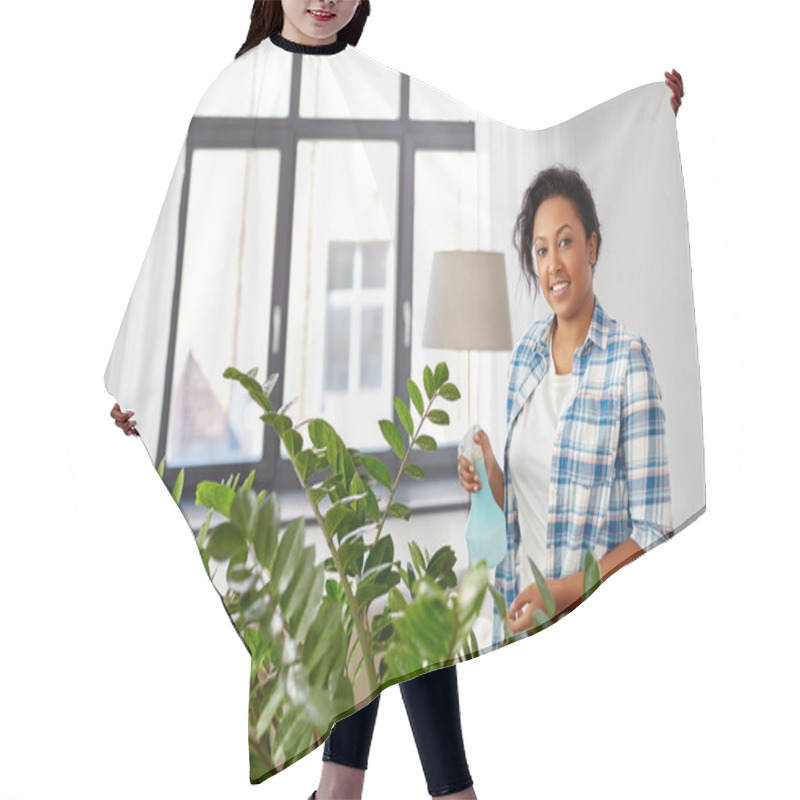 Personality  Happy Woman Spraying Houseplant With Water At Home Hair Cutting Cape