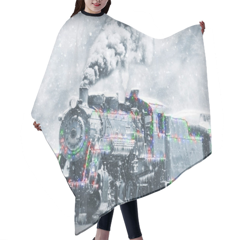 Personality  Restored Steam Engine With Christmas Lights On It In A Snow Storm Hair Cutting Cape