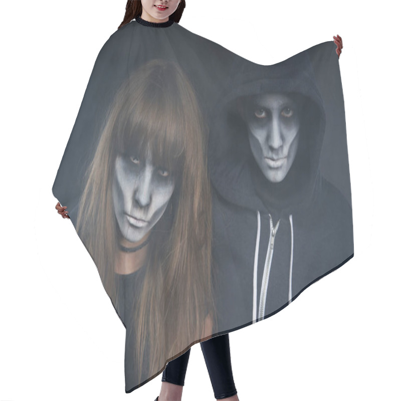 Personality  Two Preteen Kids With Zombie Makeup Hair Cutting Cape