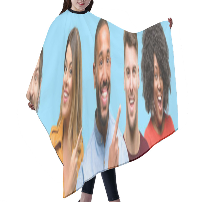 Personality  Group Of Mixed People, Women And Men Pointing Away Side With Finger Hair Cutting Cape