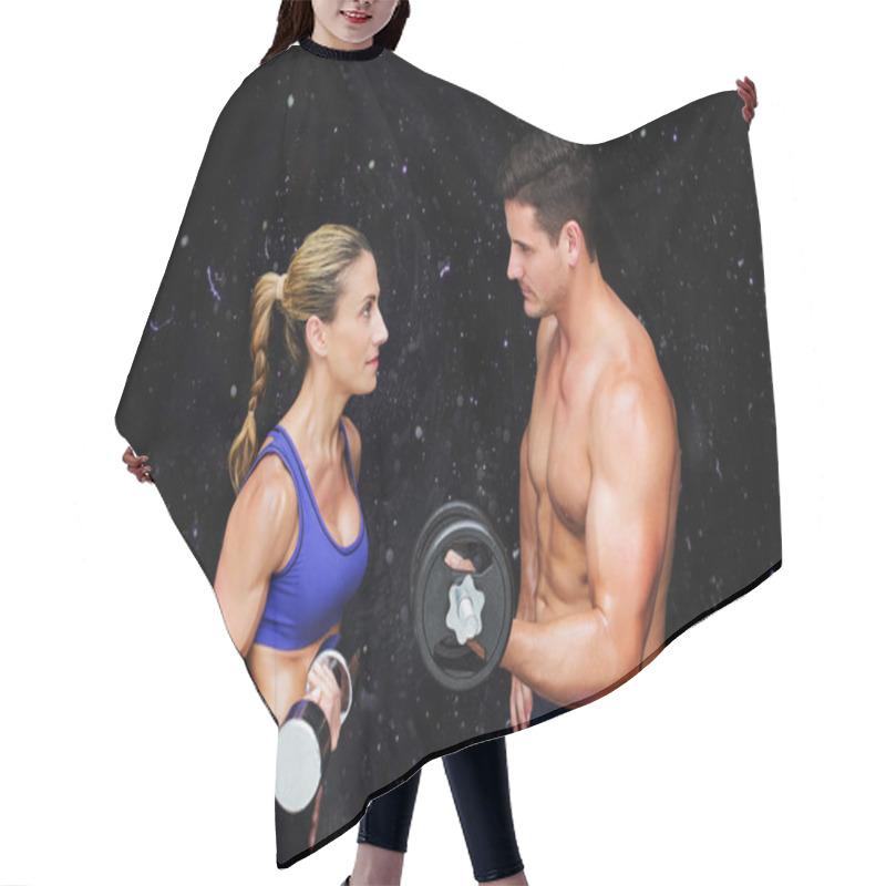 Personality  Composite Image Of Bodybuilding Couple Hair Cutting Cape