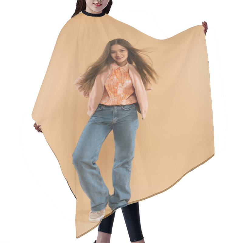 Personality  Full Length Of Happy Teenage Girl In Autumnal And Casual Clothes Posing On Beige Hair Cutting Cape