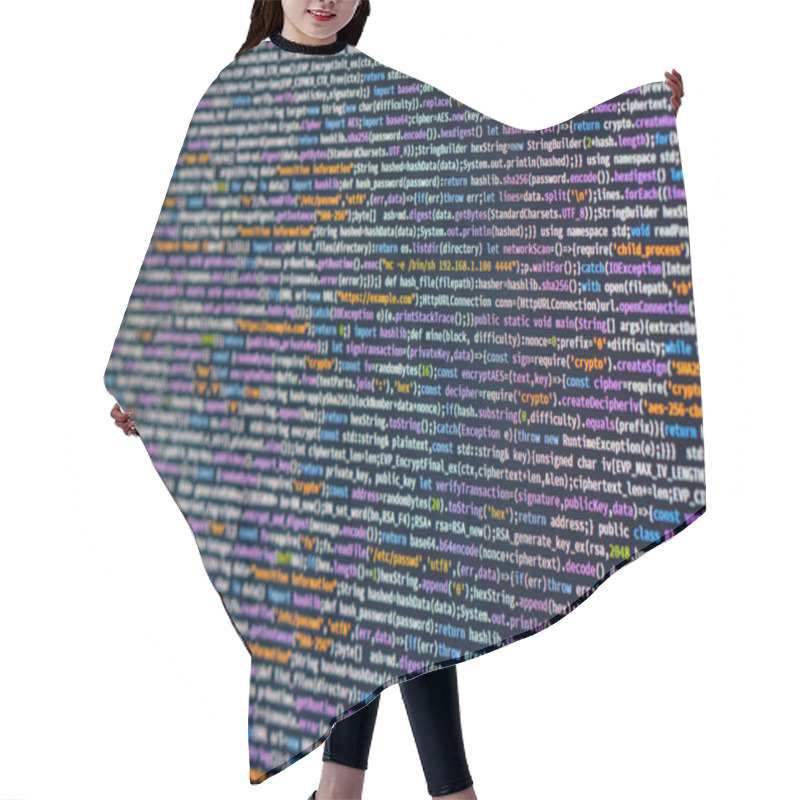 Personality  Image Of A Code Editor Displaying Blurry Lines Of Computer Programming Code, Highlighting Syntax Elements Like Keywords, Strings, Numbers, And Functions Hair Cutting Cape