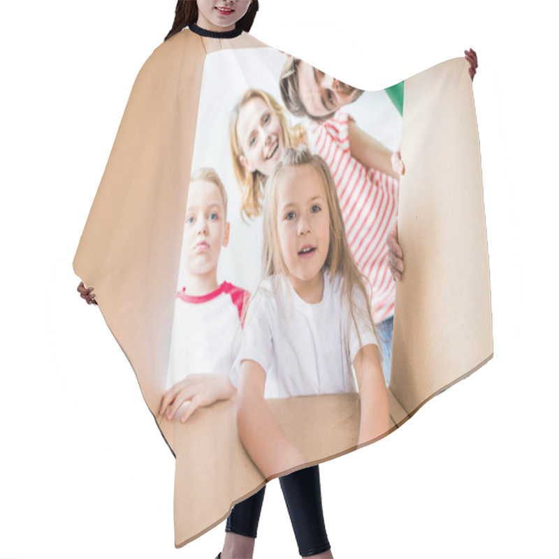 Personality  Family Peeking From Cardboard Box Hair Cutting Cape