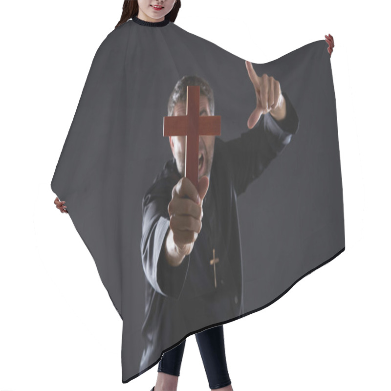 Personality  Priest Holding Cross Of Wood Praying In Foreground Hair Cutting Cape