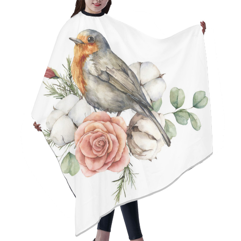 Personality  Watercolor Card With Robin Redbreast, Cotton, Rose And Eucalyptus Leaves. Hand Painted Bird And Flowers Isolated On White Background. Floral Illustration For Design, Print, Fabric Or Background. Hair Cutting Cape