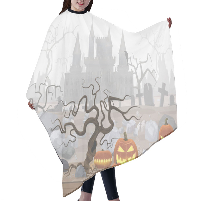 Personality  Vector Illustration Of Pumpkin Lanterns For Halloween And Foggy Cemetery And Horror Castle. Hair Cutting Cape