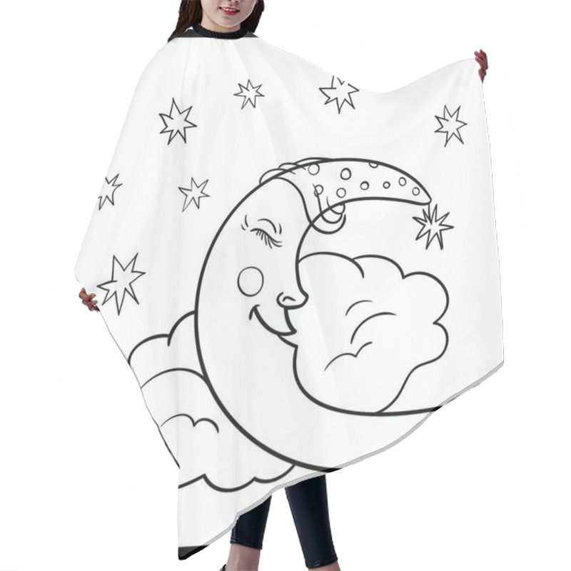 Personality  Moon, A Graphical Outline. Moon Sleeping On A Cloud With Stars In The Night Sky. Vector Illustration Cute Cartoon Moon Hair Cutting Cape