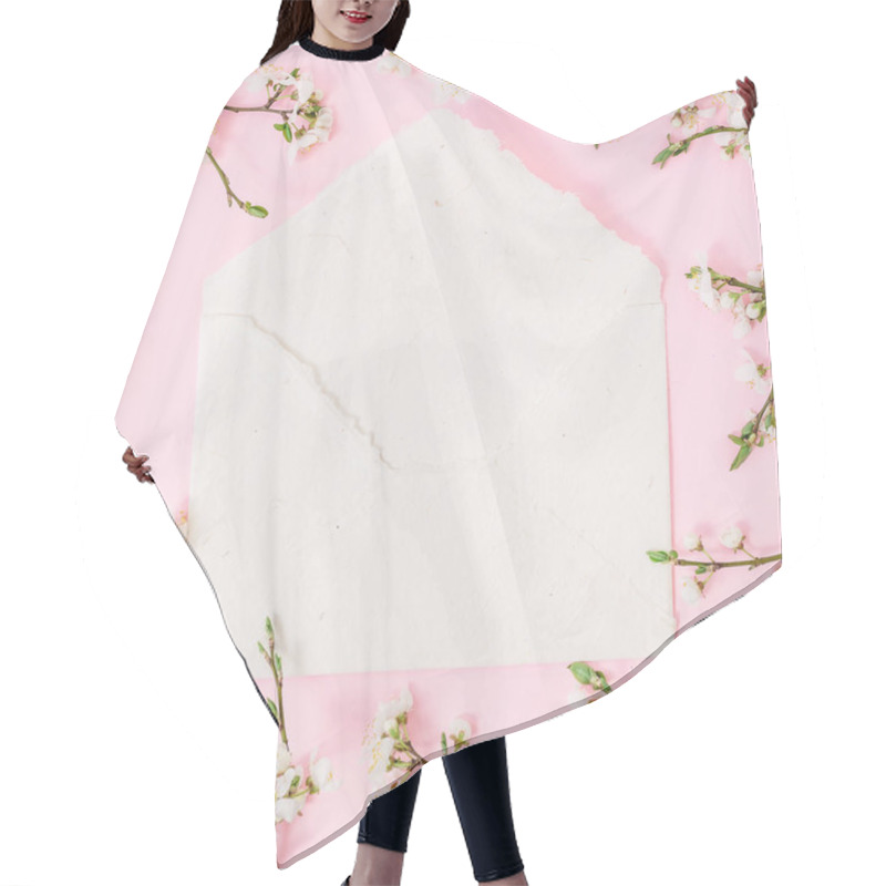 Personality  Top View Of White Envelope Surrounded With Blooming Cherry Branches On Pink Background Hair Cutting Cape