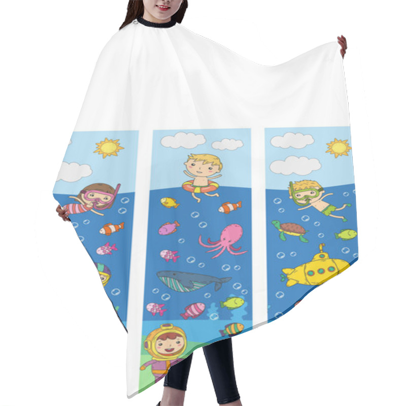 Personality  Underwater. Kids Waterpark. Sea And Ocean Adventure. Summertime. Kids Drawing. Doodle Image. Cartoon Creatures With Children. Boys And Girls Swimming Hair Cutting Cape