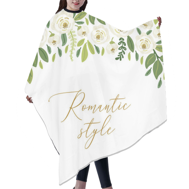 Personality  Cute Botanical Theme Floral Background With Bouquets Of Hand Drawn Rustic White Roses Flowers And Green Leaves Branches Hair Cutting Cape