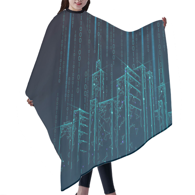 Personality  Low Poly Smart City 3D Wire Mesh. Intelligent Building Automation System Business Concept. Binary Code Number Data Flow. Architecture Urban Cityscape Technology Sketch Banner Vector Illustration Hair Cutting Cape