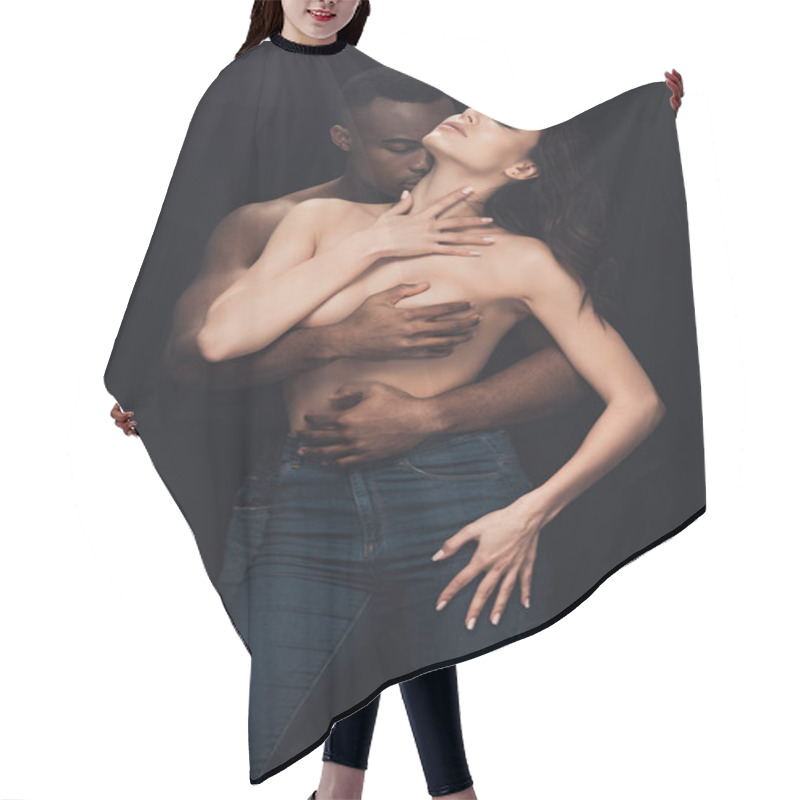 Personality  Beautiful Half-naked Interracial Couple Passionately Embracing Isolated On Black Hair Cutting Cape