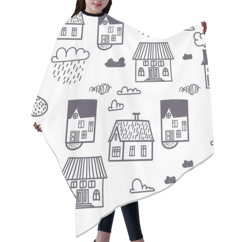 Personality  Spring Town. Seamless Vector Pattern With Hand Drawn Houses And Clouds Hair Cutting Cape