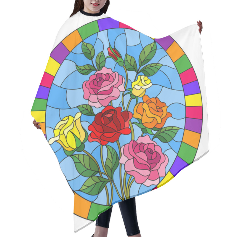 Personality  Illustration In Stained Glass Style With A Bouquet Of Roses On A Blue Background In A Bright Frame,oval  Image Hair Cutting Cape