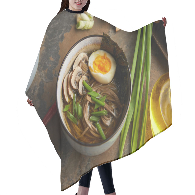 Personality  Traditional Spicy Ramen In Bowl Near Vegetables And Oil On Stone Surface Hair Cutting Cape