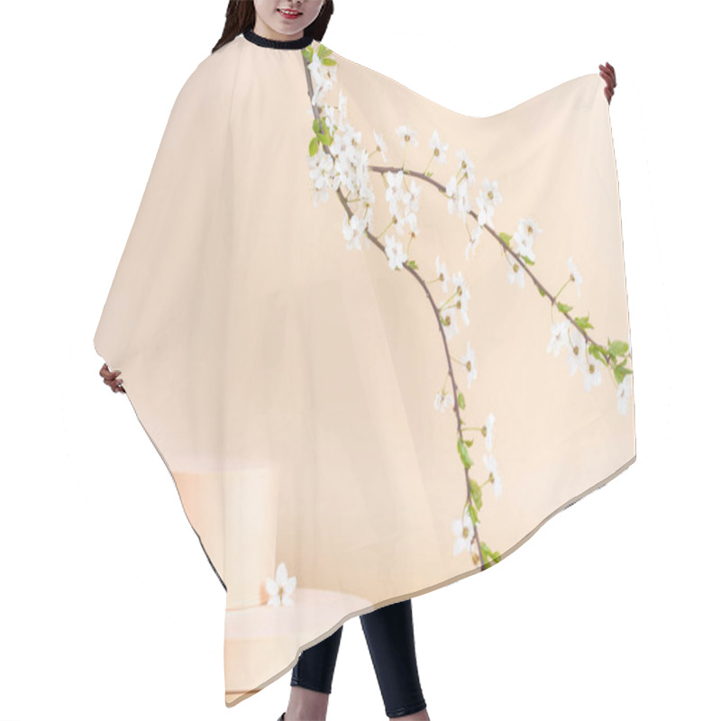 Personality  Geometric Podium Platform Stand For Product Presentation And Spring Flowering Tree Branch With White Flowers On Pastel Beige Background. Front View Hair Cutting Cape