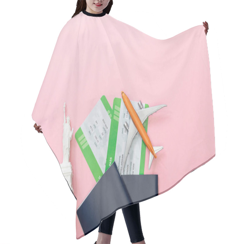 Personality  Top View Of Air Tickets Near Passports And Small Statue Of Liberty On Pink  Hair Cutting Cape