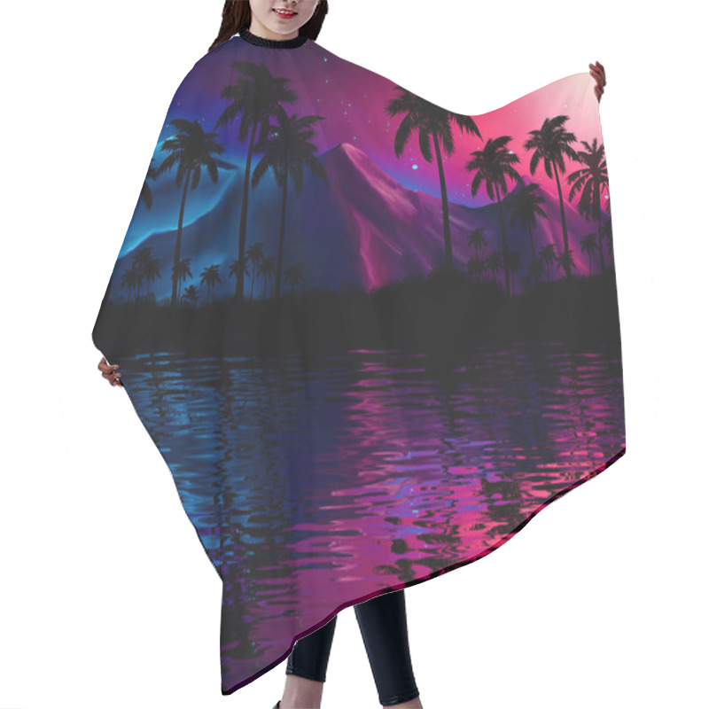 Personality  Night Landscape With Palm Trees, Against The Backdrop Of A Neon Sunset, Stars. Silhouette Coconut Palm Trees On Beach At Sunset. Futuristic Landscape. Neon Palm Tree. Tropical Sunset. Reflection Of Neon Light On The Water. 3D Illustration Hair Cutting Cape