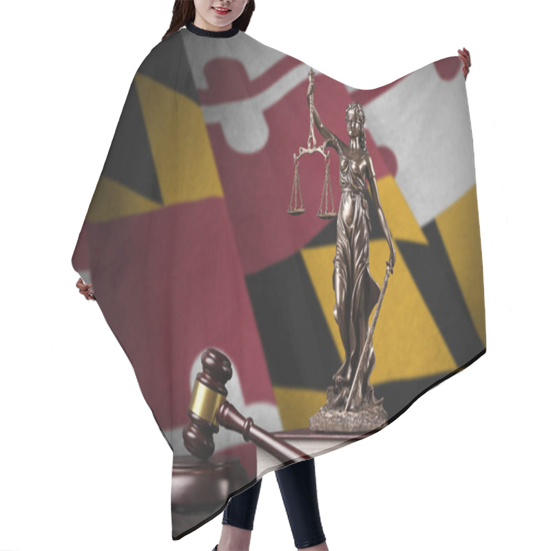 Personality  Maryland US State Flag With Statue Of Lady Justice, Constitution And Judge Hammer On Black Drapery. Concept Of Judgement And Punishment Hair Cutting Cape