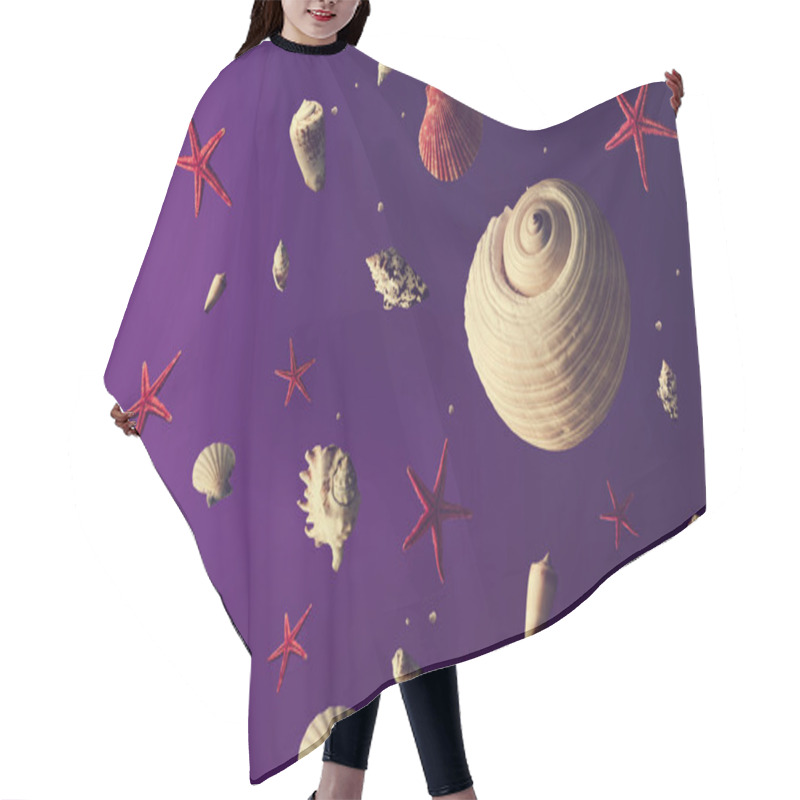 Personality  Creative Abstract Universe Pattern With Planets Made Of Shells And Sea Marine Life On Purple Background, Summer Concept  Hair Cutting Cape