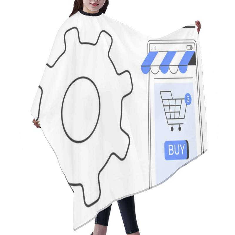 Personality  A Mobile Phone Screen With A Shopping Cart Icon And A Blue Buy Button Next To A Large Gear. Ideal For Online Shopping, Technology, App Development, Ecommerce, User Experience. Modern Flat Style Hair Cutting Cape