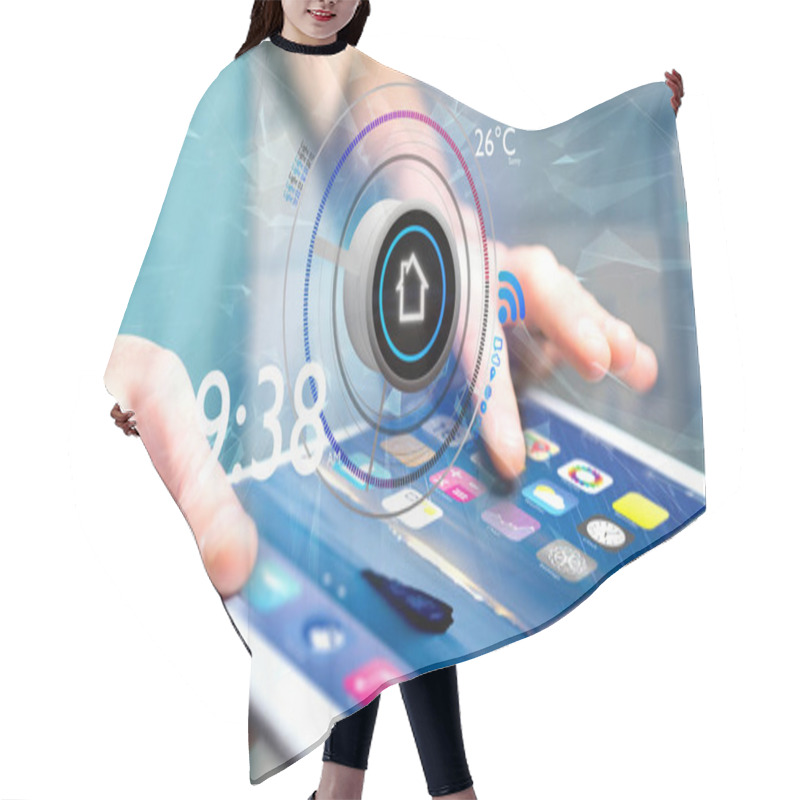 Personality  Man Holding A Button Of Smart Home Automation App Over Tablet 3d Rendering Hair Cutting Cape