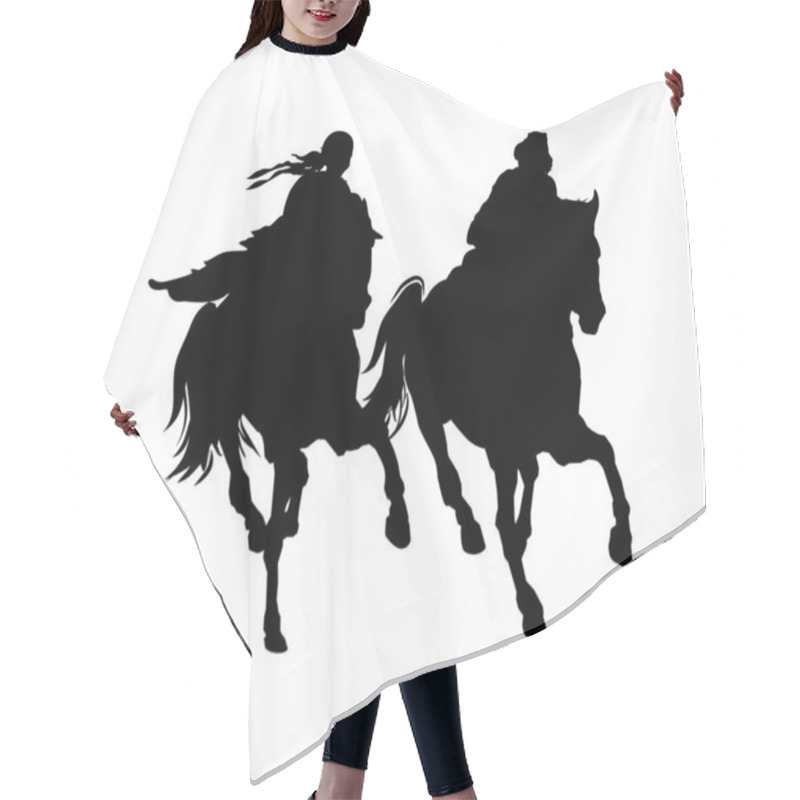 Personality  Man And Woman On Horseback. Black And White Vector Silhouette. Hair Cutting Cape