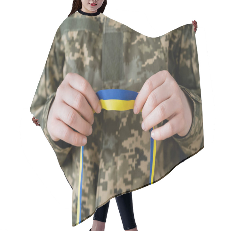 Personality  Partial View Of Woman In Military Uniform Holding Blue And Yellow Ribbon Isolated On Black Hair Cutting Cape