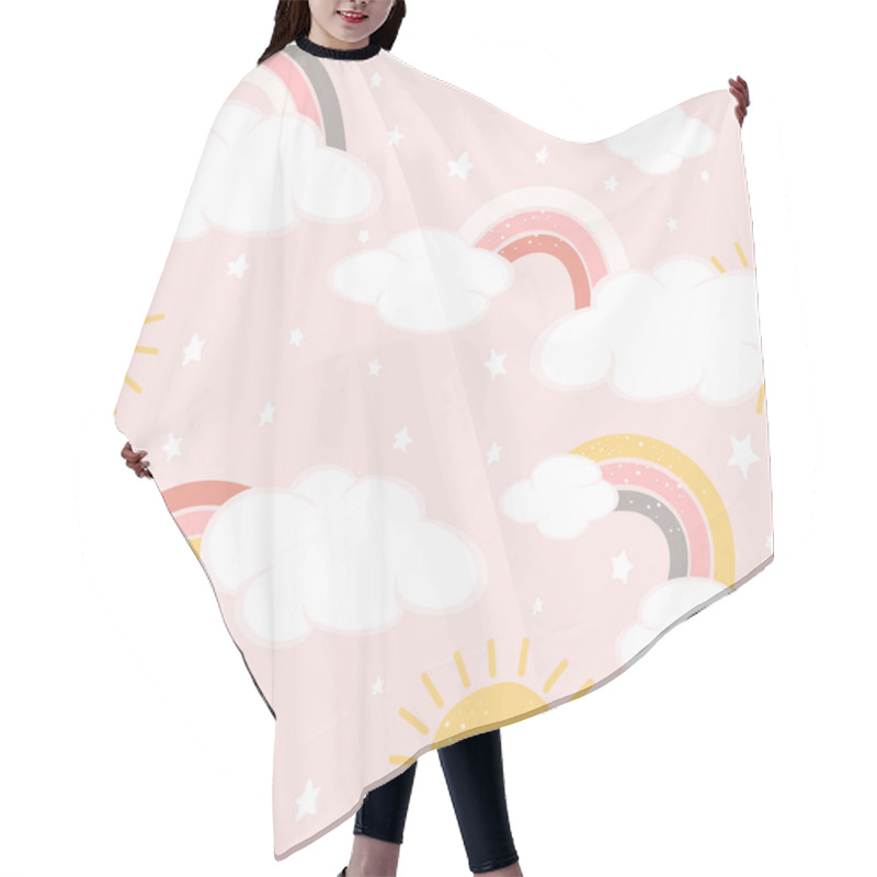 Personality  Seamless Background With Clouds And Rainbows On Pink Sky. Magical Repeat Pattern. Illustration Can Be Used For Wallpaper, Children's Clothing Design, Pattern Fill, Web Page Background, Wrapping Paper Hair Cutting Cape