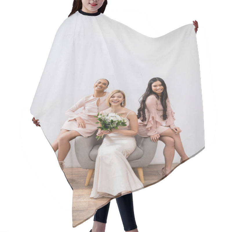 Personality  Wedding Photography, Cultural Diversity, Three Women, Happy Bride With Bouquet And Her Interracial Bridesmaids Sitting On Armchair On Grey Background, Brunette And Blonde, Joy, Celebration  Hair Cutting Cape