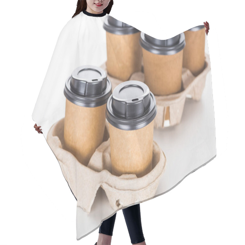 Personality  Paper Cups With Coffee In Cardboard Tray On White Background  Hair Cutting Cape