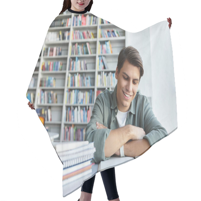 Personality  Joyous Handsome Student In Casual Attire At School, Studying Hard. Hair Cutting Cape