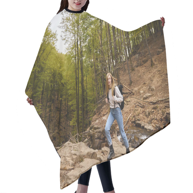 Personality  Active Woman Tourist With Backpack Walking At Footpath In Woodland Hiking At Autumn Forest Hair Cutting Cape