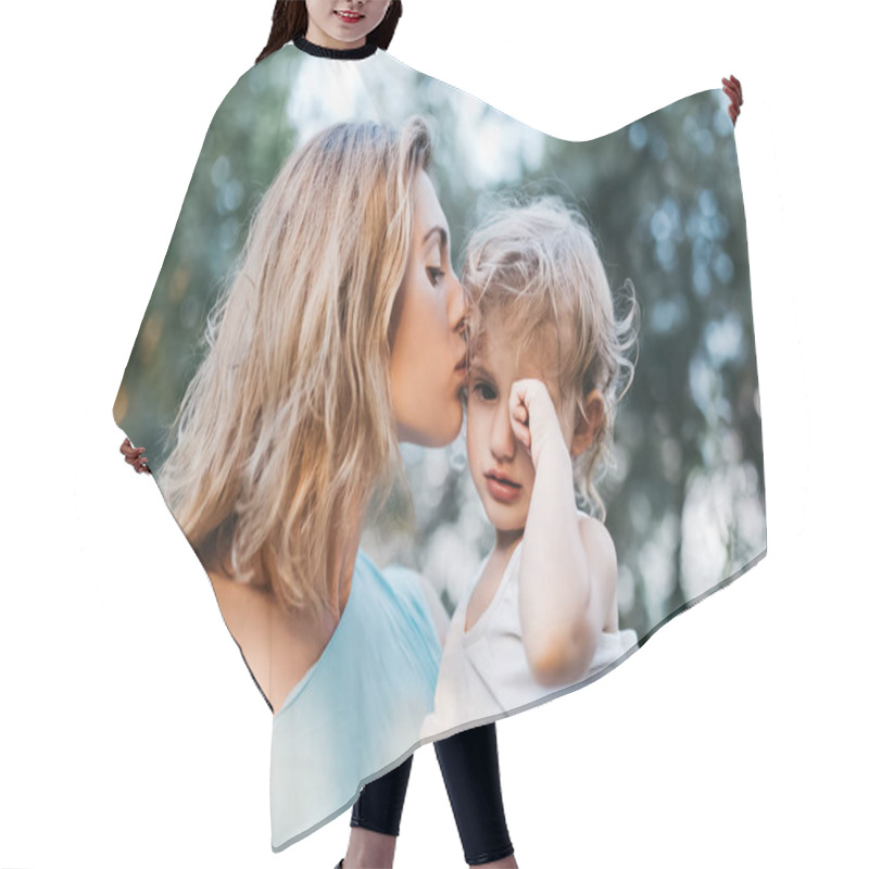 Personality  Mother Kissing Crying Daughter Outdoors Hair Cutting Cape