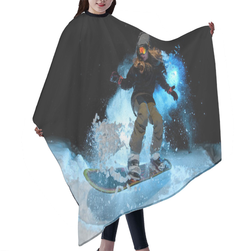 Personality  Female Freerider Doing Stunts On Blue Light Background Hair Cutting Cape