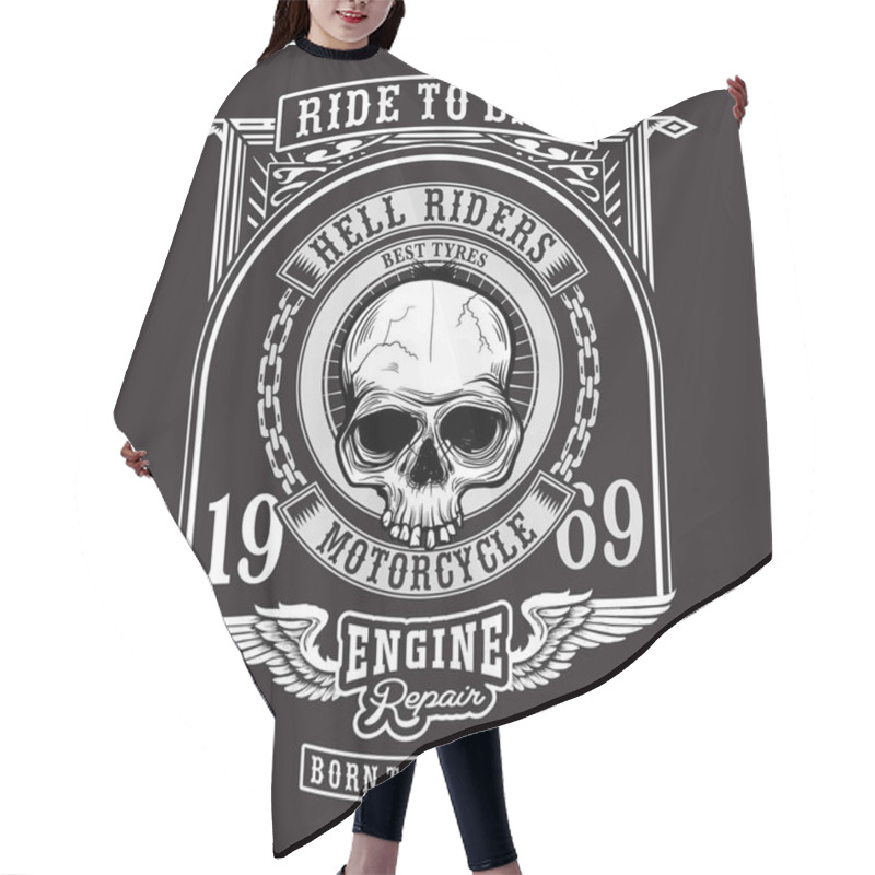 Personality  Black And White Print Design Of Skull With Hell Riders Banner / Grunge Style / Motorcycle, Skull And Wings Themed Graphic Design For Textile And Tee Shirt Hair Cutting Cape