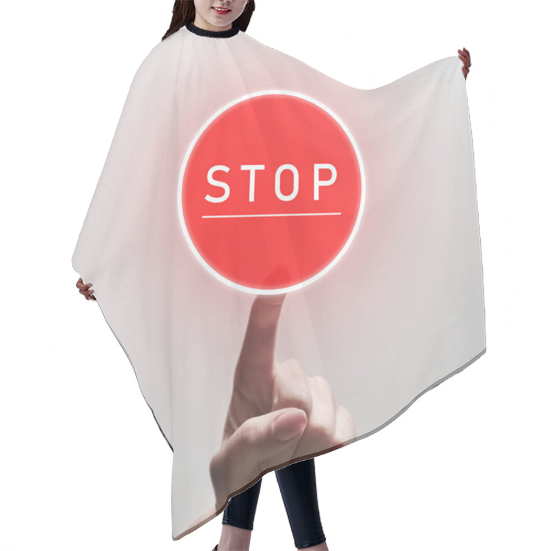 Personality  Woman Finger Pushing Red Round Stop Sign Hair Cutting Cape