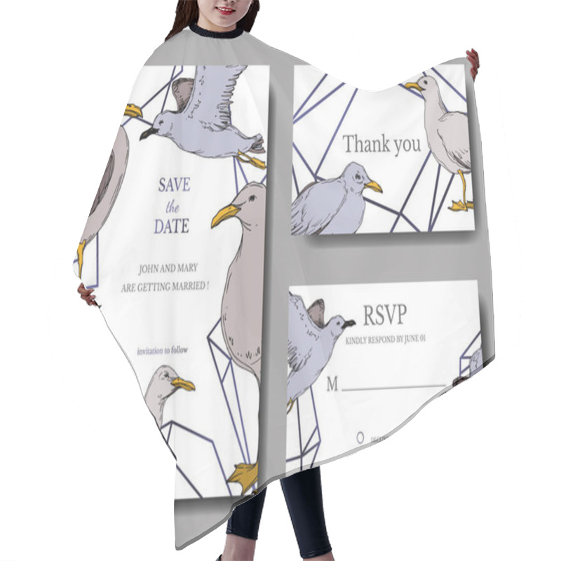 Personality  Vector Sky Bird Seagull In A Wildlife. Black And White Engraved Ink Art. Wedding Background Card Decorative Border. Hair Cutting Cape