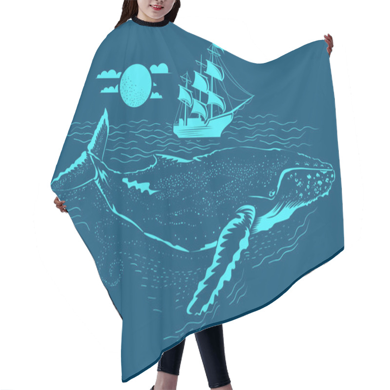 Personality  Whale Illustration Under The Water. Small Ship Above Hair Cutting Cape