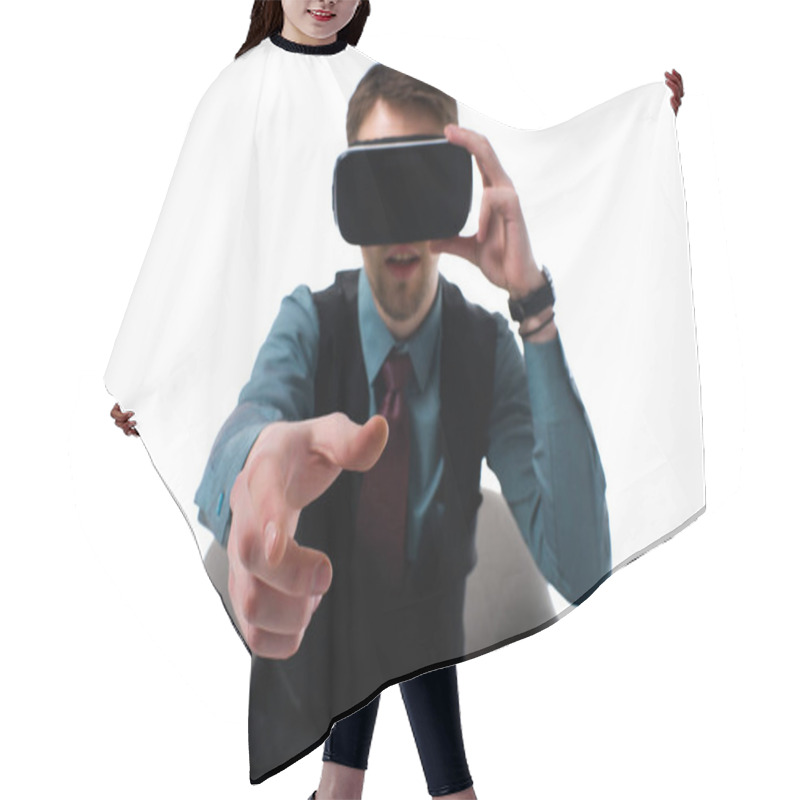 Personality  Portrait Of Agent In Virtual Reality Headset Sitting In Armchair Isolated On White Hair Cutting Cape